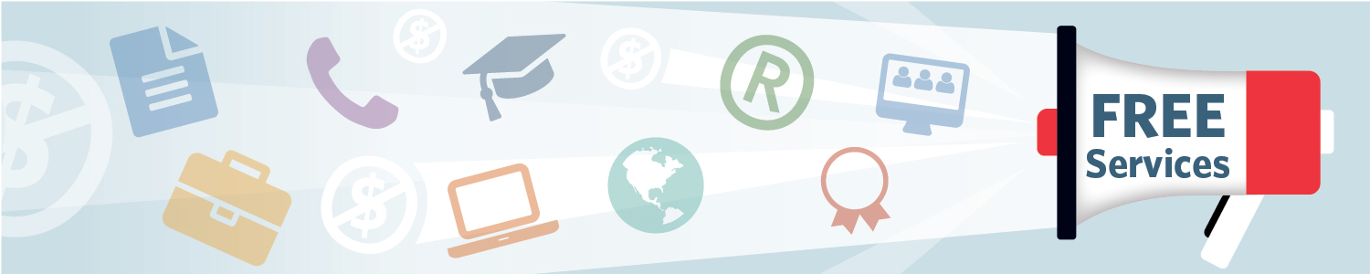 Free Services web banner depicting a megaphone projection various intellectual property services icons.